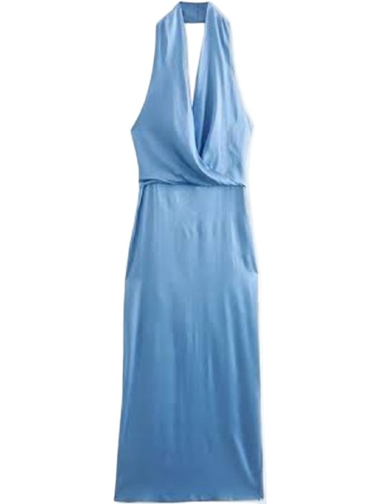 Zara Dresses & Skirts - Zara Satin Effect Midi Dress Blue Plunge Wrap Halter Blogger Favorite XXL NWT